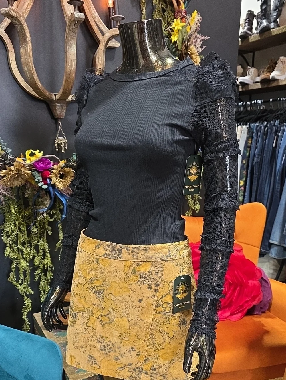 Free People Black Ribbed Lace Sleeve Long Sleeve Top